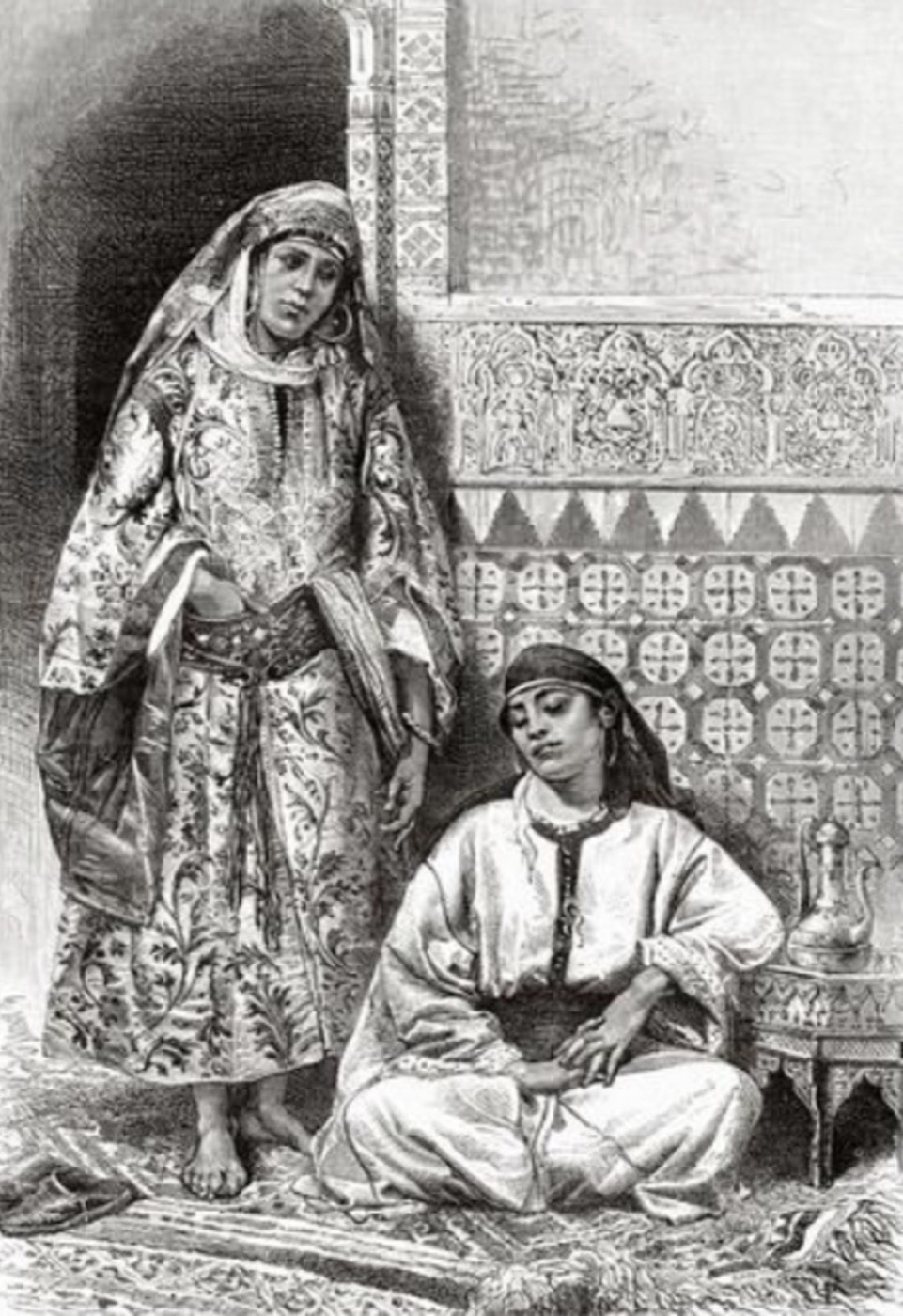 Gravure de jeunes femmes de Tanger vêtues de caftans, 1875